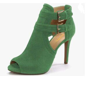 Green Suede Peep Toe High Heels Buckled Double Straps Cutout Ankle Bootie